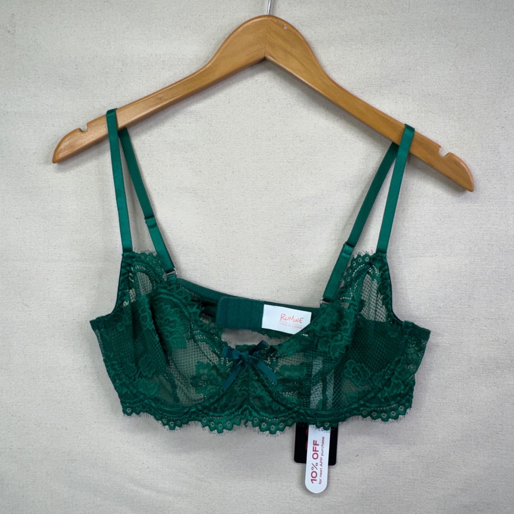 Romwe Lace Underwire Bra XL Green Sheer Floral Bralette Coquette Aesthetic